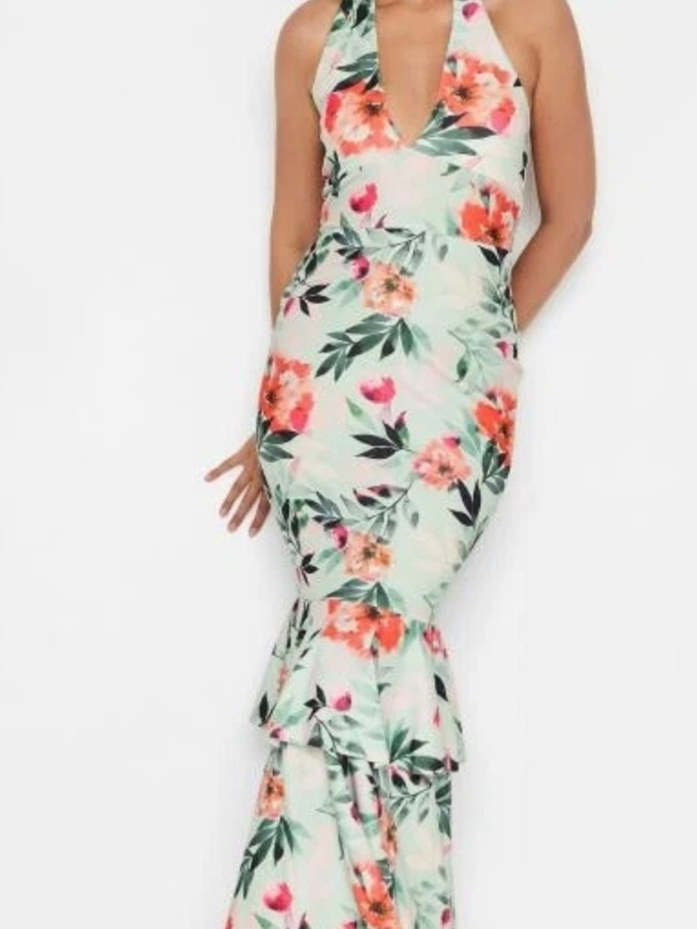 LTS Tropical Print Halter Neck Mermaid Bodycon Dress Vacation Wedding Size 20/22